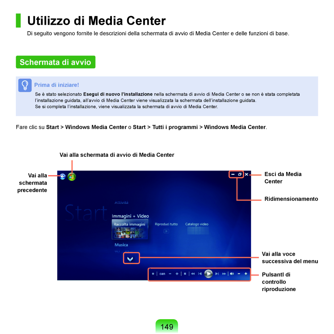 Samsung NP-Q45AV02/SEG, NP-Q45F000/SEI, NP-Q45A002/SEI, NP-Q45T000/SEI Utilizzo di Media Center, Schermata di avvio, 149 