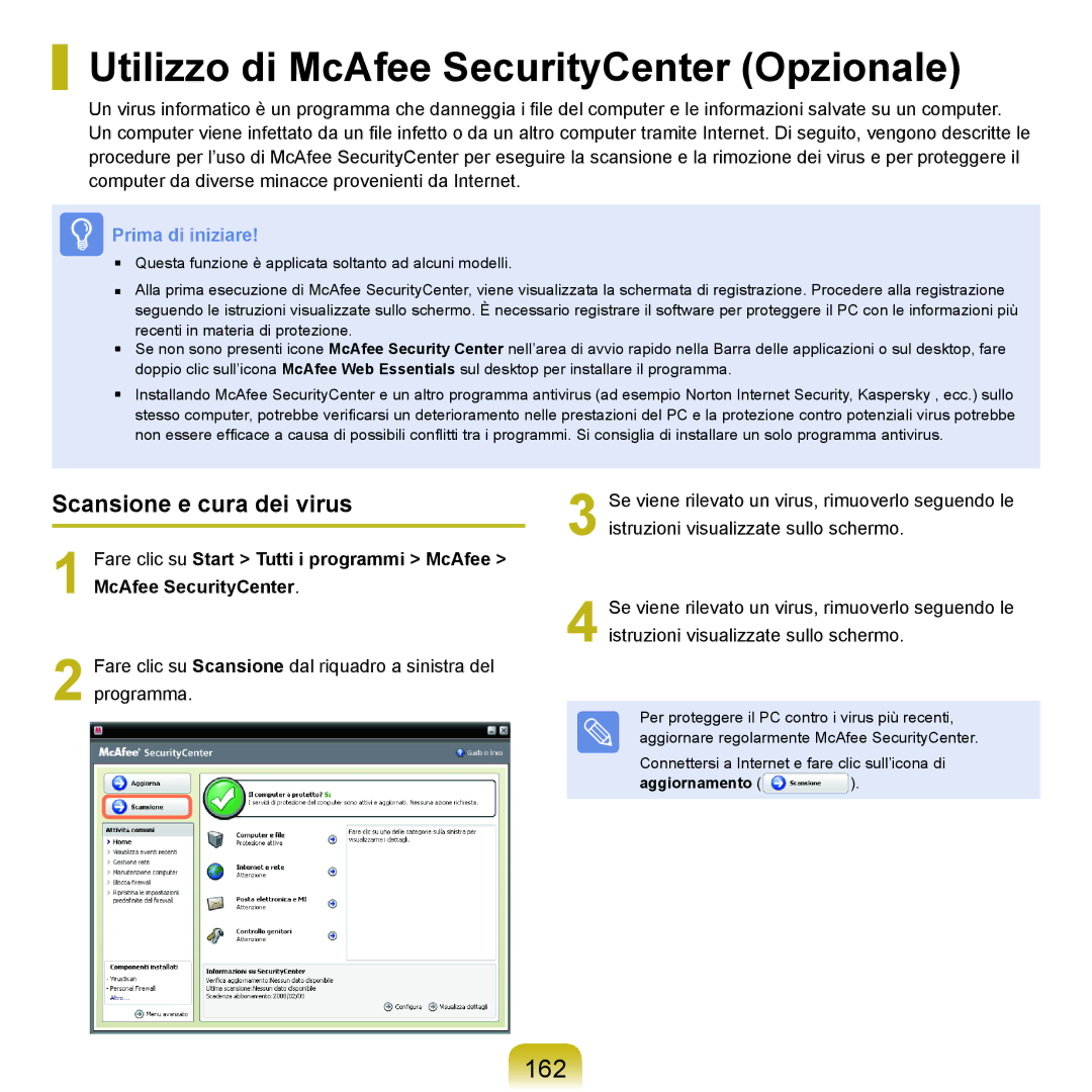 Samsung NP-Q45T000/SEI manual Utilizzo di McAfee SecurityCenter Opzionale, 162, Scansione e cura dei virus, Aggiornamento 