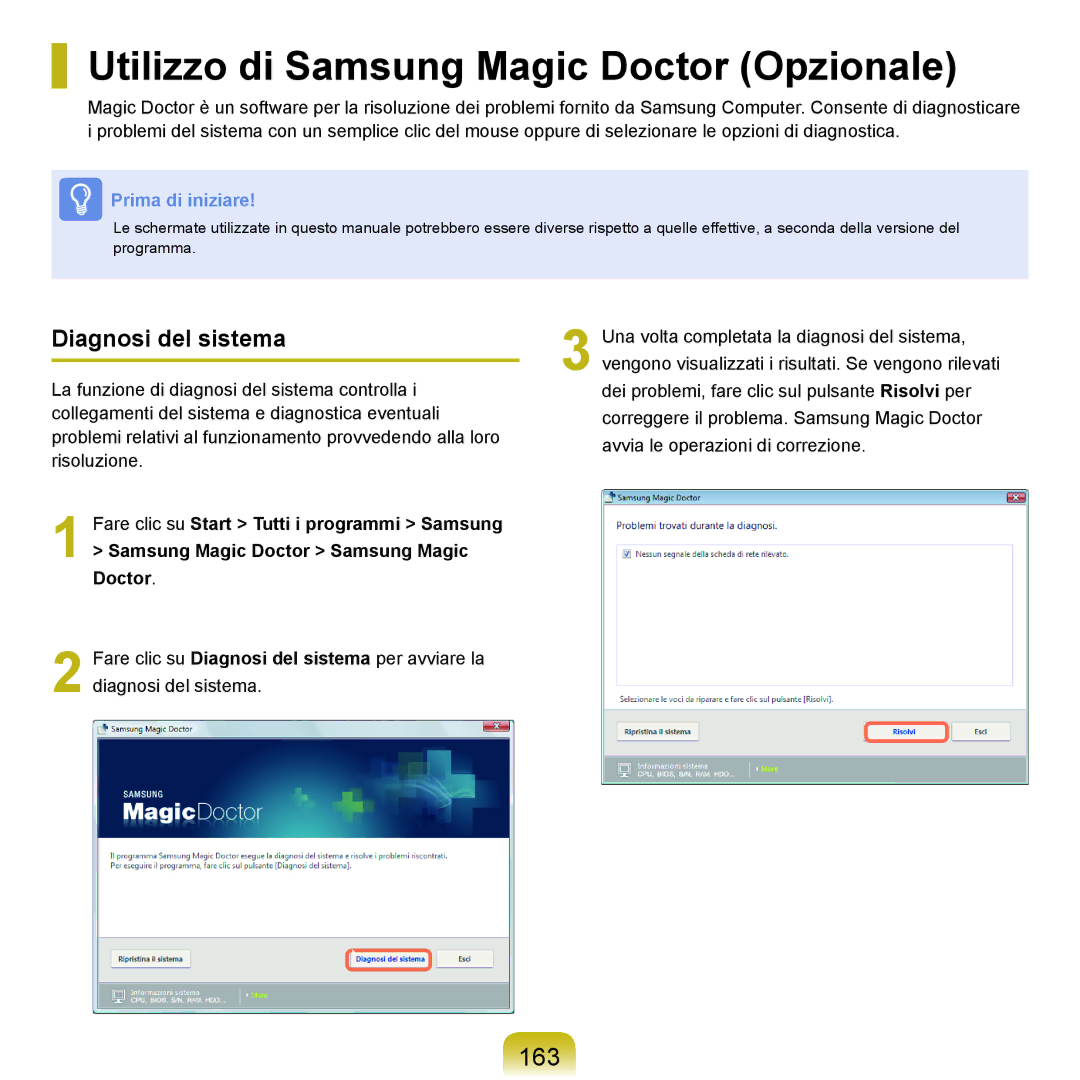 Samsung NP-Q45T002/SEI, NP-Q45AV02/SEG manual Utilizzo di Samsung Magic Doctor Opzionale, 163, Diagnosi del sistema 