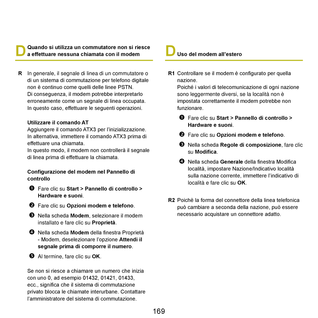 Samsung NP-Q45AV02/SEG, NP-Q45F000/SEI, NP-Q45A002/SEI manual 169, Utilizzare il comando AT, DUso del modem all’estero 