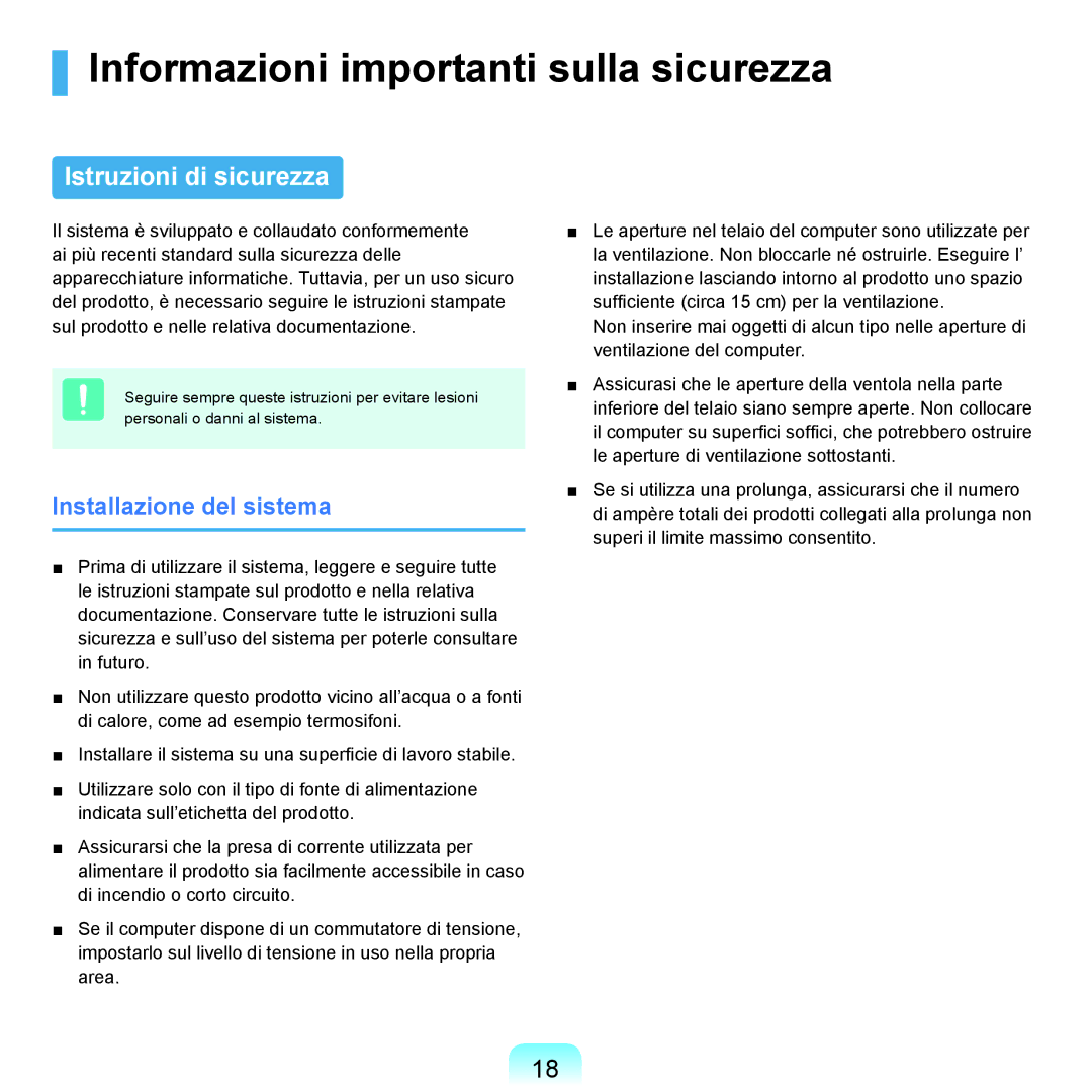 Samsung NP-Q45A003/SEI manual Informazioni importanti sulla sicurezza, Istruzioni di sicurezza, Installazione del sistema 