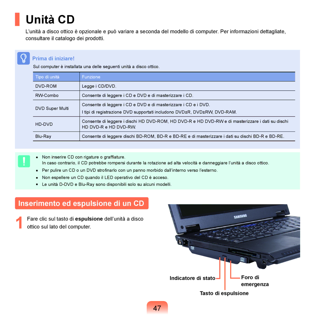 Samsung NP-Q45T003/SEI Unità CD, Inserimento ed espulsione di un CD, Indicatore di stato Foro di, Tasto di Espulsione 