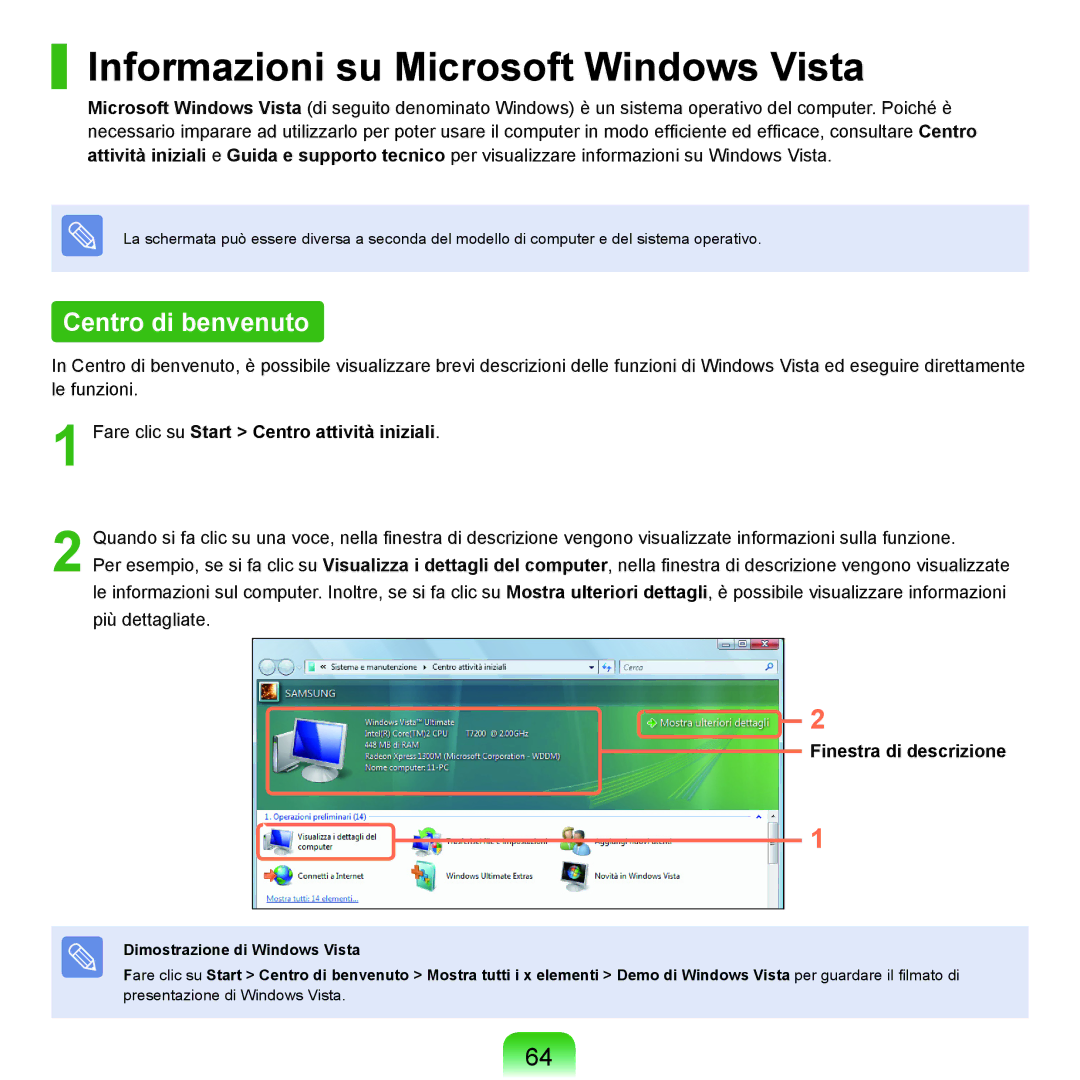 Samsung NP-Q45T001/SEI manual Informazioni su Microsoft Windows Vista, Centro di benvenuto, Finestra di descrizione 