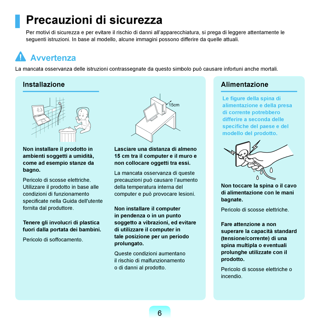 Samsung NP-Q45A005/SEI, NP-Q45AV02/SEG, NP-Q45F000/SEI, NP-Q45A002/SEI Precauzioni di sicurezza, Installazione Alimentazione 