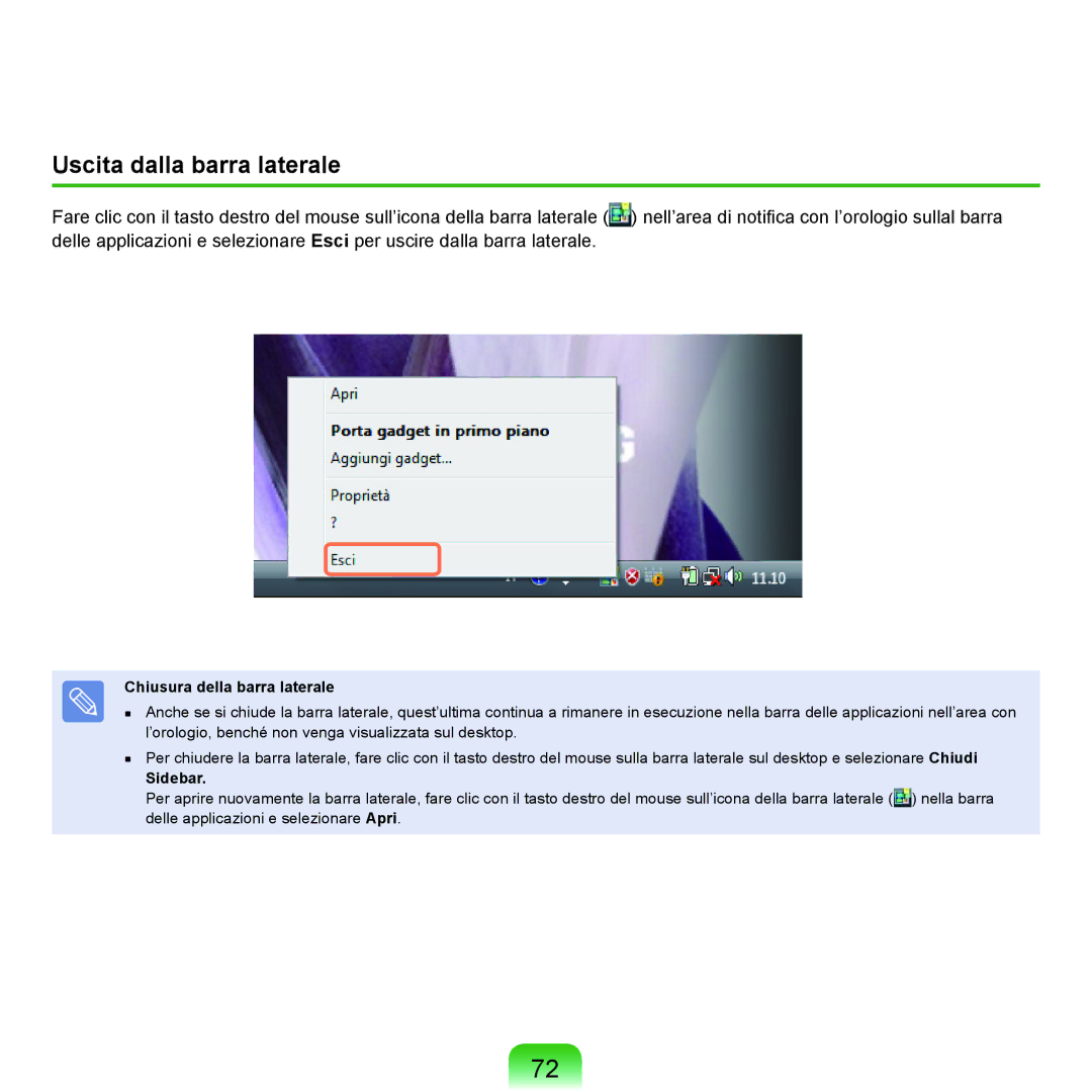 Samsung NP-Q45T000/SEI, NP-Q45AV02/SEG, NP-Q45F000/SEI Uscita dalla barra laterale, Chiusura della barra laterale, Sidebar 