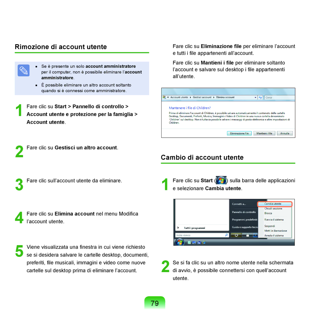 Samsung NP-Q45AV02/SEG, NP-Q45F000/SEI, NP-Q45A002/SEI, NP-Q45T000/SEI Rimozione di account utente, Cambio di account utente 