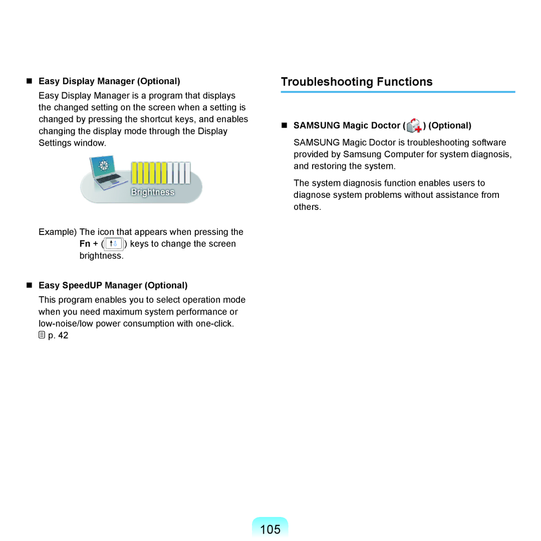 Samsung NP-Q45AVB1/SEK 105, Troubleshooting Functions,  Easy Display Manager Optional,  Easy SpeedUP Manager Optional 