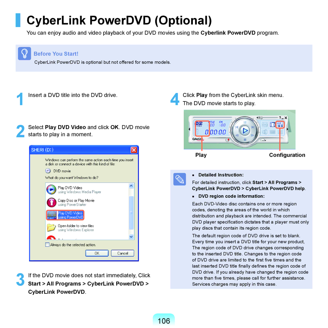 Samsung NP-Q45AV02/SEB manual CyberLink PowerDVD Optional, 106, Start All Programs CyberLink PowerDVD CyberLink PowerDVD 