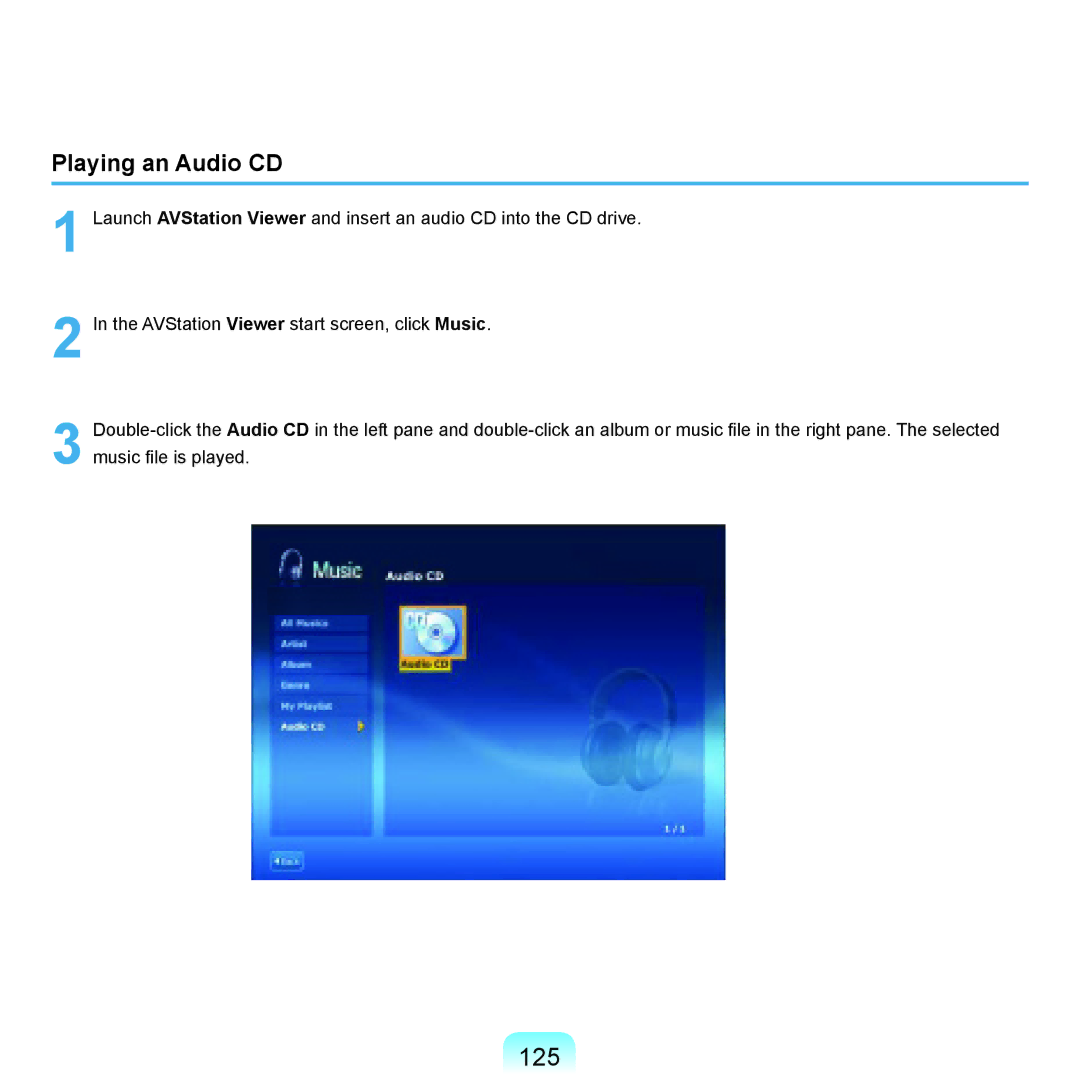 Samsung NP-Q45AVB1/SEK, NP-Q45AV02/SEB manual 125, Playing an Audio CD 
