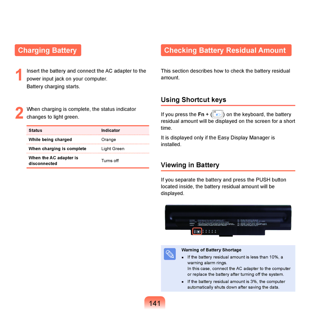 Samsung NP-Q45AVB1/SEK Charging Battery, Checking Battery Residual Amount, 141, Using Shortcut keys, Viewing in Battery 