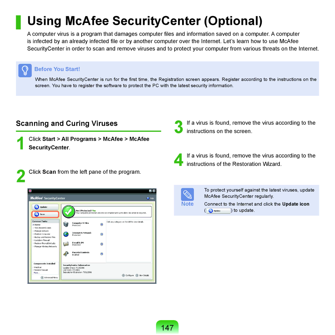 Samsung NP-Q45AVB1/SEK, NP-Q45AV02/SEB manual Using McAfee SecurityCenter Optional, 147, Scanning and Curing Viruses 