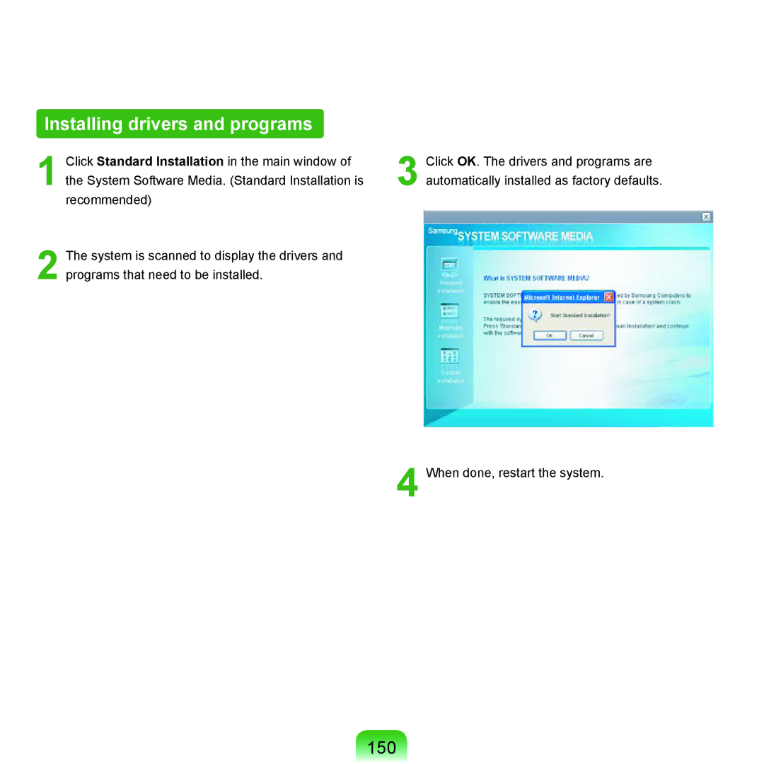 Samsung NP-Q45AV02/SEB, NP-Q45AVB1/SEK manual Installing drivers and programs, 150 