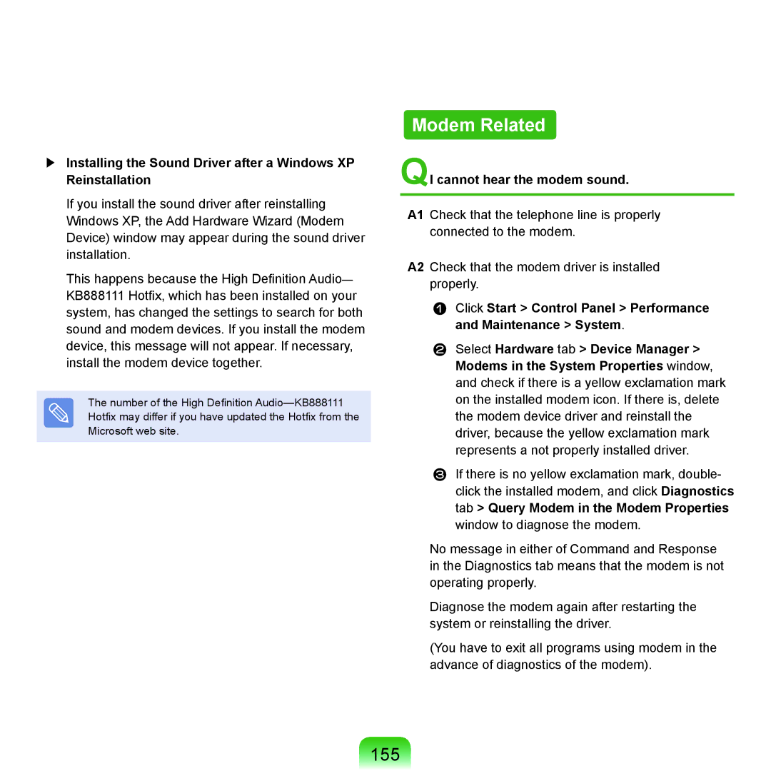 Samsung NP-Q45AVB1/SEK, NP-Q45AV02/SEB manual Modem Related, 155, QI cannot hear the modem sound 