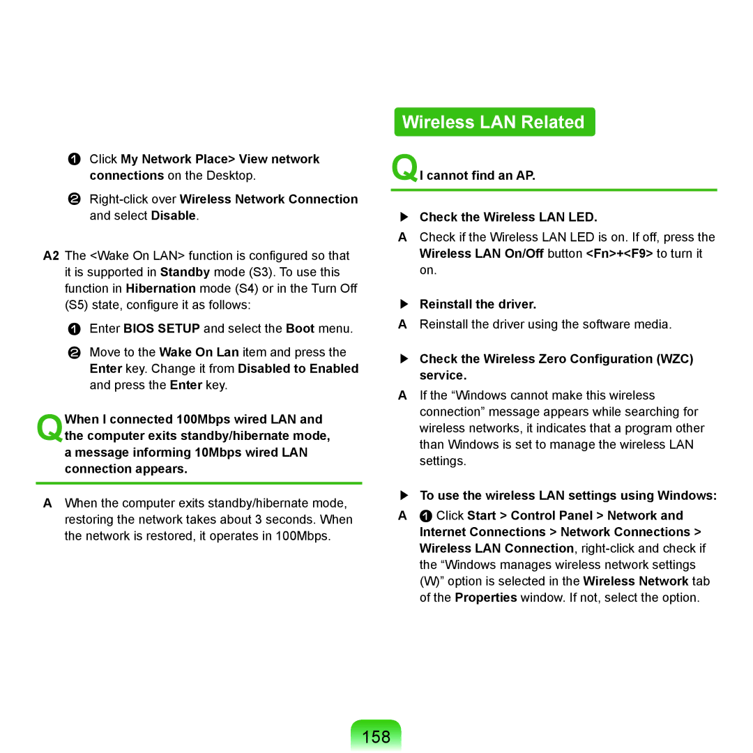 Samsung NP-Q45AV02/SEB, NP-Q45AVB1/SEK manual Wireless LAN Related, 158, QI cannot find an AP Check the Wireless LAN LED 