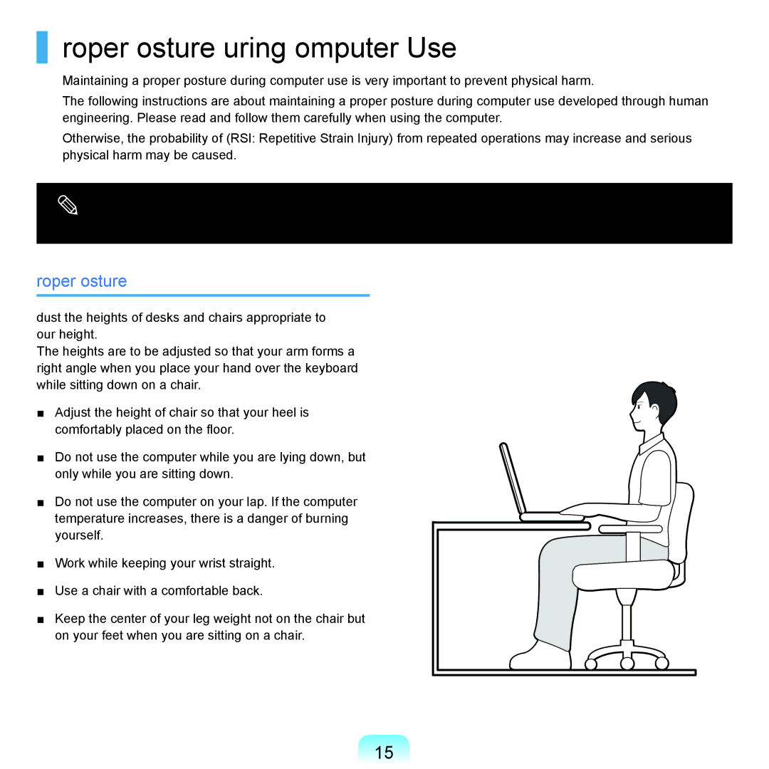 Samsung NP-Q45AVB1/SEK, NP-Q45AV02/SEB manual Proper Posture During Computer Use 