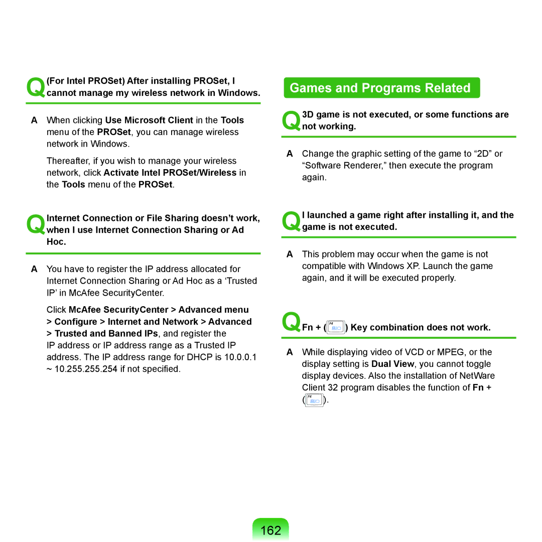 Samsung NP-Q45AV02/SEB manual Games and Programs Related, 162, Q3D game is not executed, or some functions are not working 