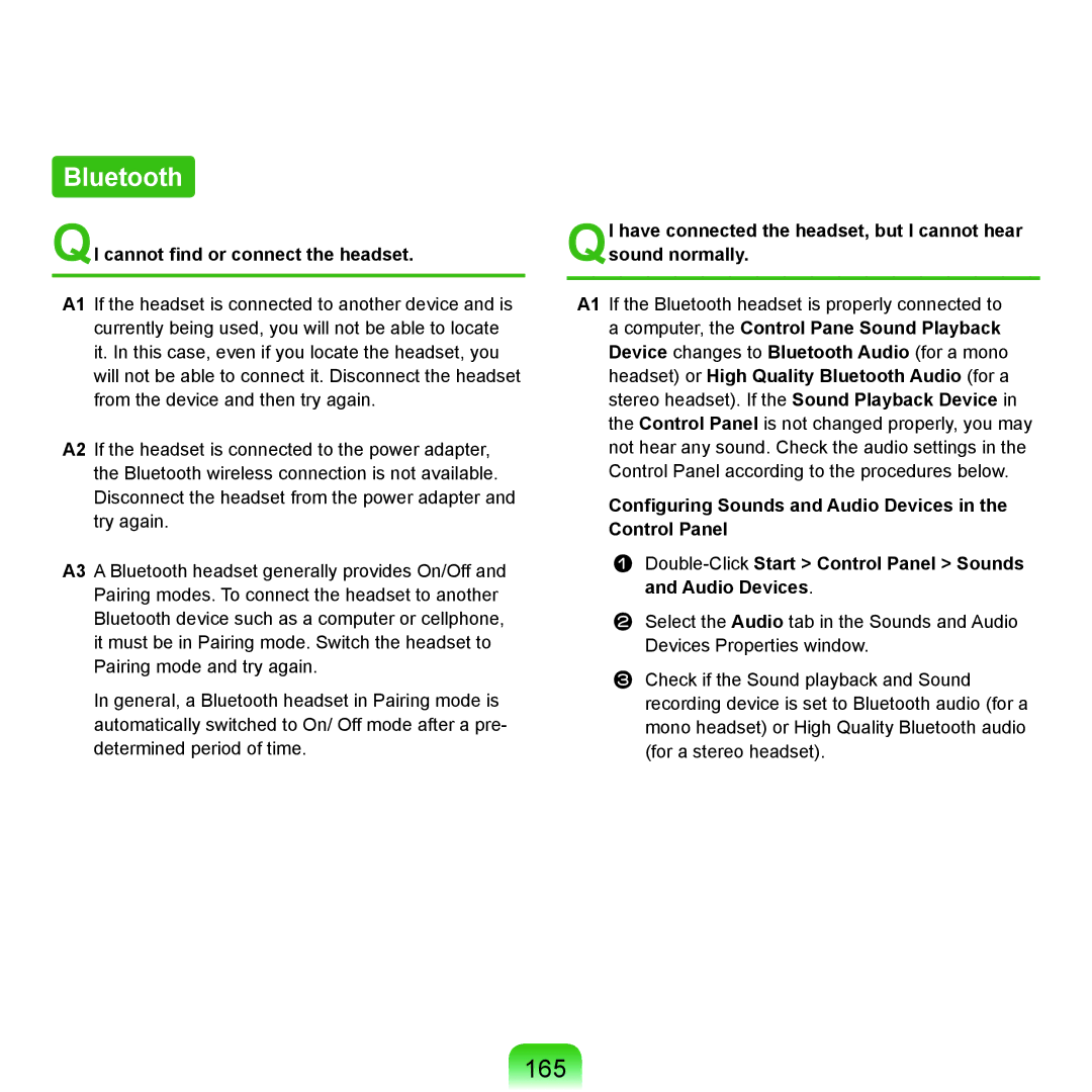 Samsung NP-Q45AVB1/SEK, NP-Q45AV02/SEB manual Bluetooth, 165, QI cannot find or connect the headset 