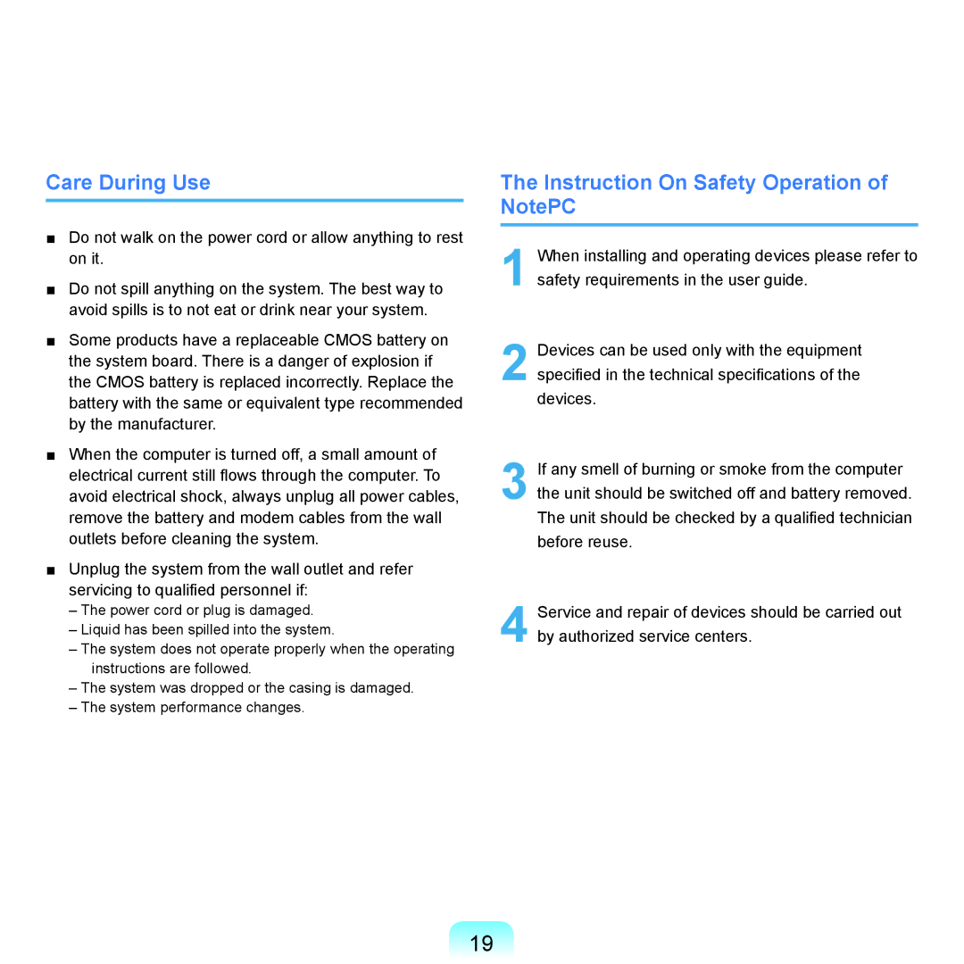 Samsung NP-Q45AVB1/SEK, NP-Q45AV02/SEB manual Care During Use, Instruction On Safety Operation of NotePC 