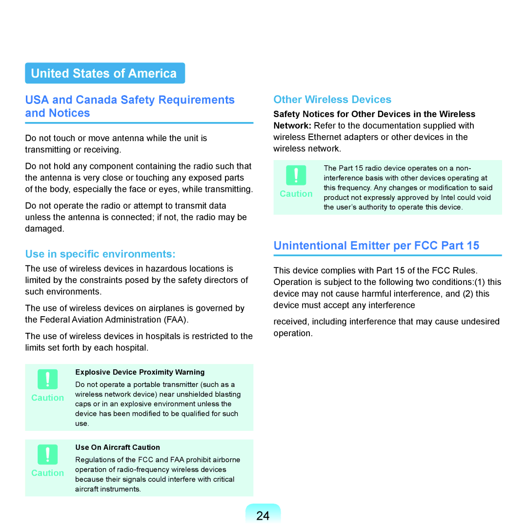 Samsung NP-Q45AV02/SEB United States of America, USA and Canada Safety Requirements and Notices, Use On Aircraft Caution 