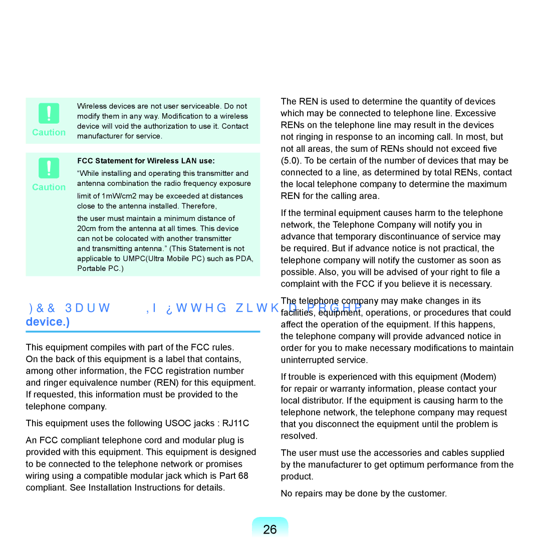 Samsung NP-Q45AV02/SEB, NP-Q45AVB1/SEK manual FCC Part 68 If fitted with a modem device, FCC Statement for Wireless LAN use 