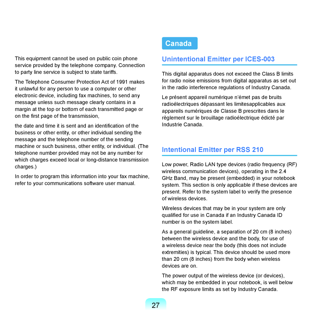 Samsung NP-Q45AVB1/SEK, NP-Q45AV02/SEB manual Canada, Unintentional Emitter per ICES-003, Intentional Emitter per RSS 