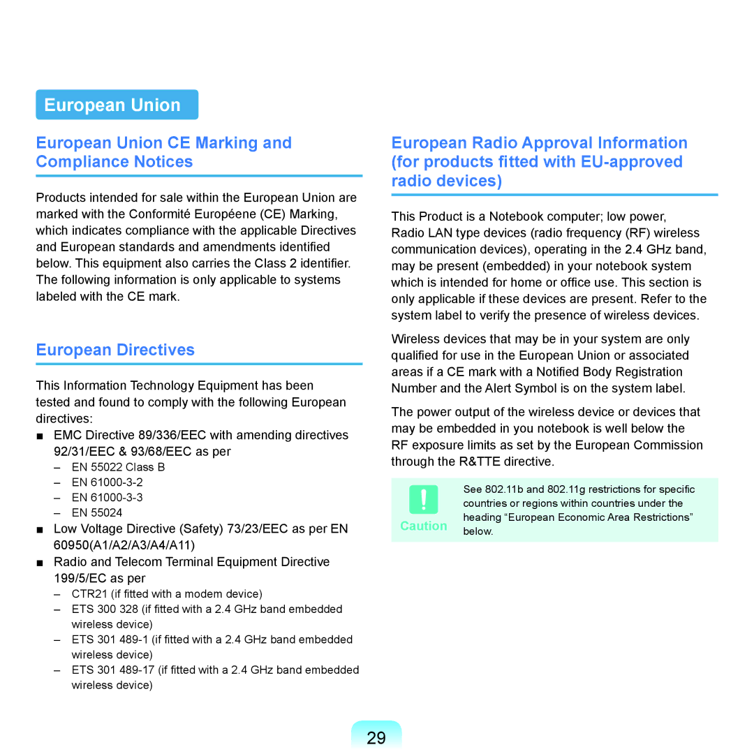 Samsung NP-Q45AVB1/SEK, NP-Q45AV02/SEB manual European Union CE Marking and Compliance Notices, European Directives 