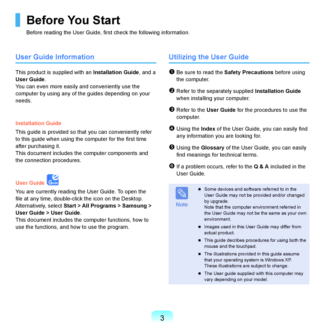 Samsung NP-Q45AVB1/SEK, NP-Q45AV02/SEB manual Before You Start, User Guide Information, Utilizing the User Guide 