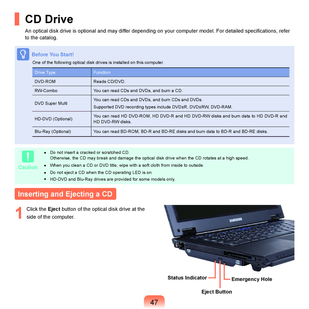 Samsung NP-Q45AVB1/SEK, NP-Q45AV02/SEB CD Drive, Inserting and Ejecting a CD, Status Indicator Emergency Hole Eject Button 