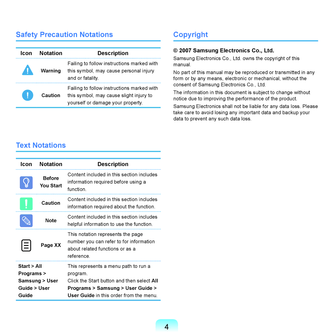 Samsung NP-Q45AV02/SEB, NP-Q45AVB1/SEK Safety Precaution Notations, Text Notations Copyright, Icon Notation Description 