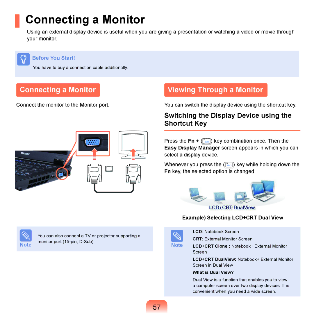 Samsung NP-Q45AVB1/SEK manual Connecting a Monitor, Viewing Through a Monitor, Example Selecting LCD+CRT Dual View 