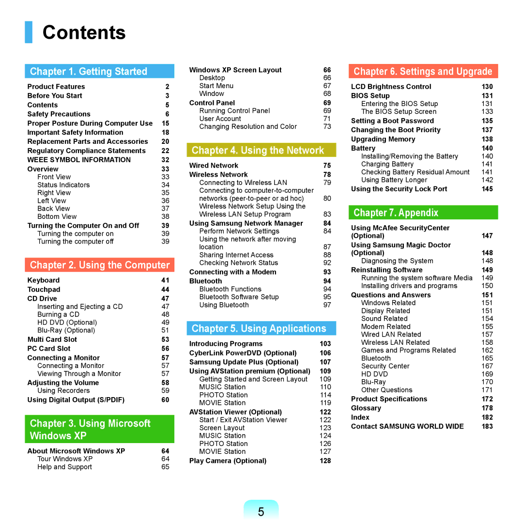 Samsung NP-Q45AVB1/SEK, NP-Q45AV02/SEB manual Contents 