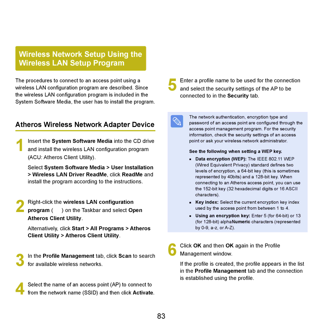 Samsung NP-Q45AVB1/SEK, NP-Q45AV02/SEB manual Wireless Network Setup Using the Wireless LAN Setup Program 