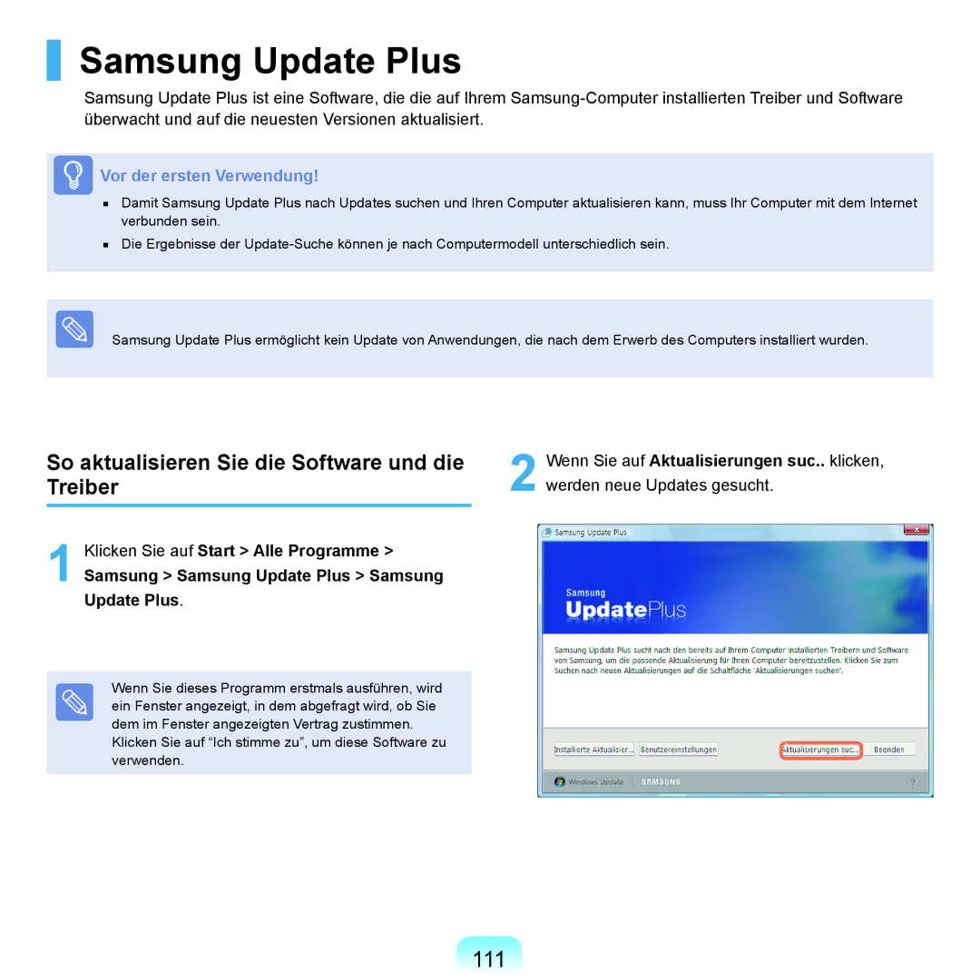 Samsung NP-Q45AV03/SEG, NP-Q45F001/SEG manual Samsung Update Plus, 111, So aktualisieren Sie die Software und die Treiber 