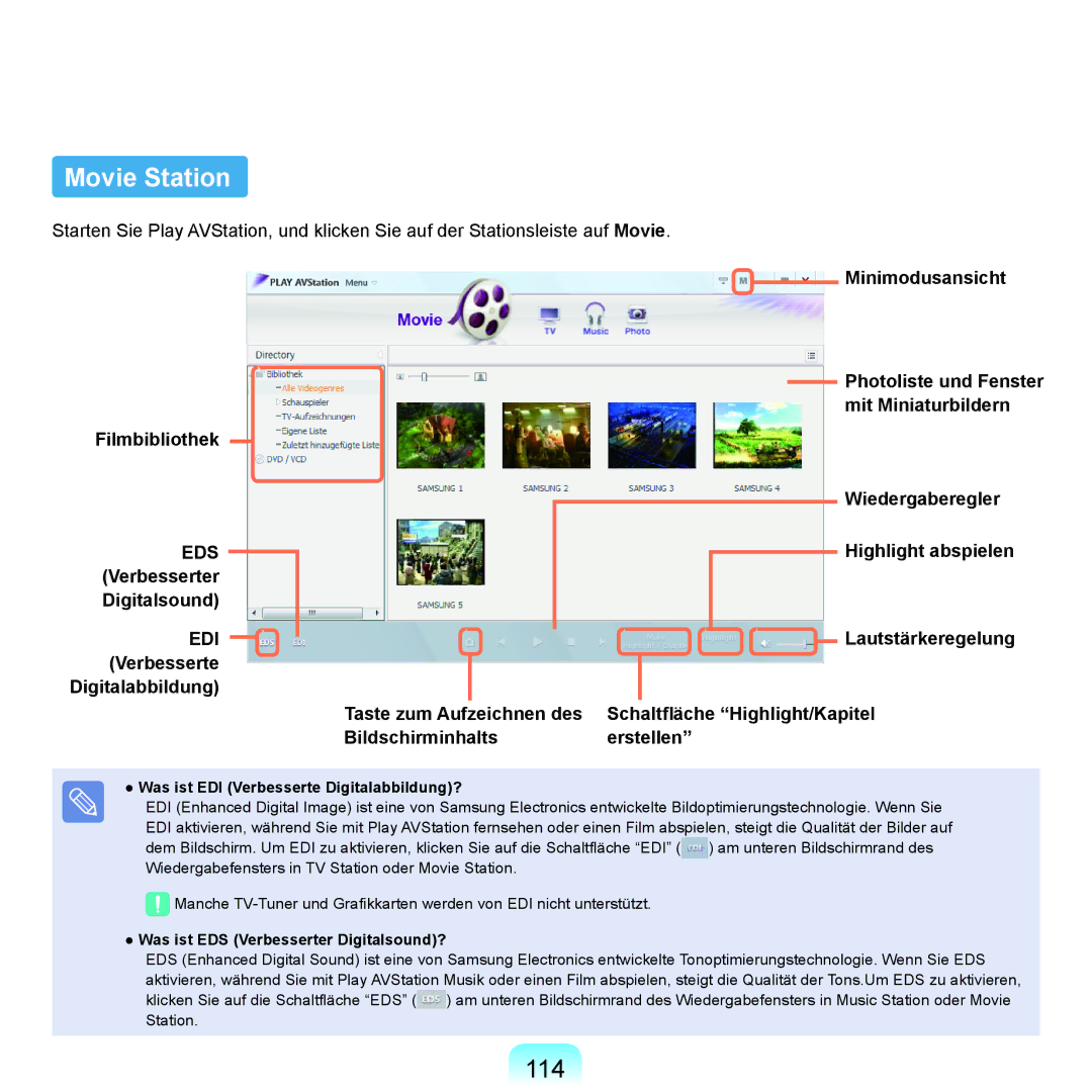 Samsung NP-Q45F000/SEG manual Movie Station, 114, Highlight abspielen, Verbesserter Digitalsound, Lautstärkeregelung 