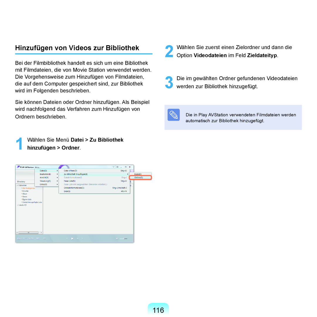 Samsung NP-Q45A003/SEG, NP-Q45F001/SEG, NP-Q45A008/SEG, NP-Q45A006/SEG manual 116, Hinzufügen von Videos zur Bibliothek 