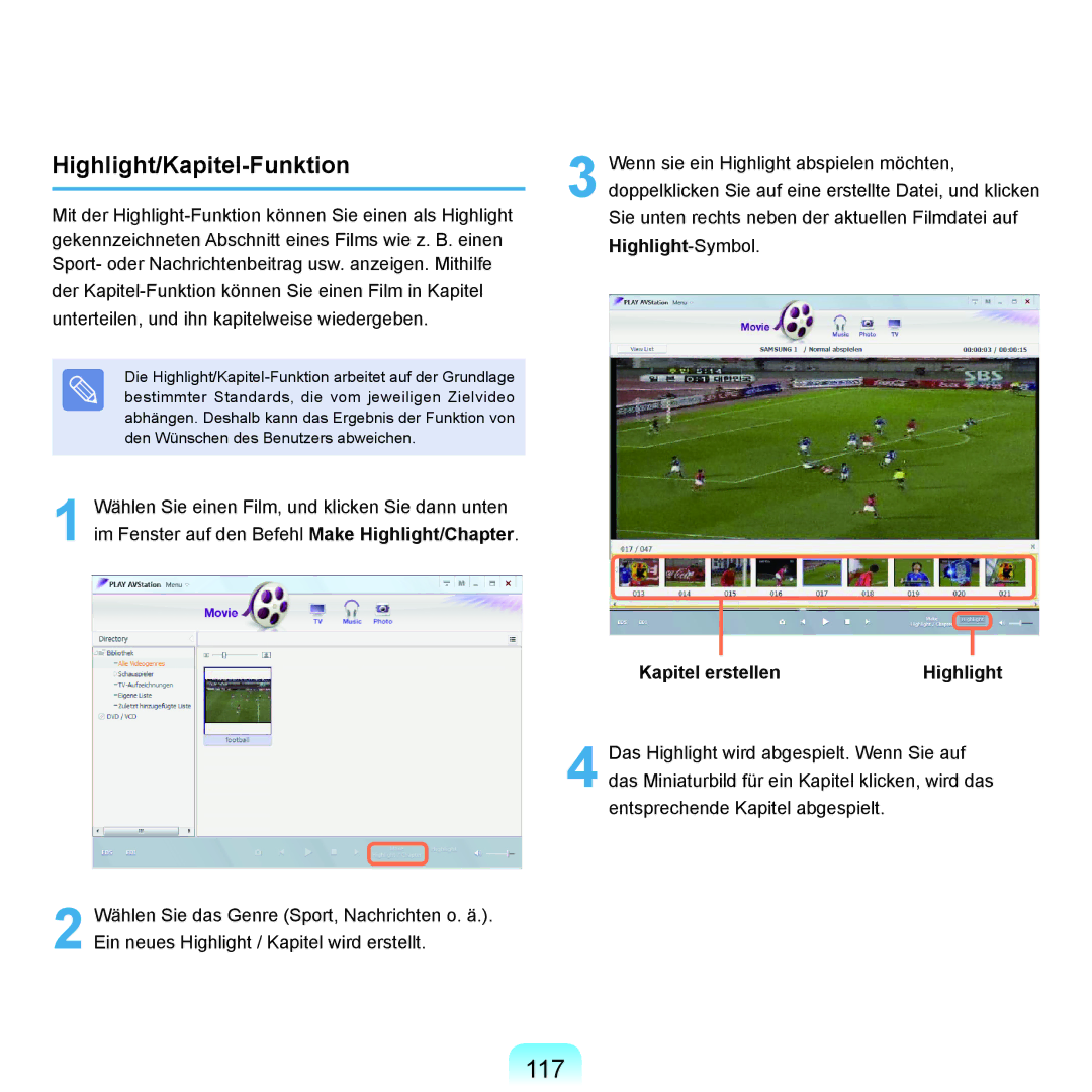 Samsung NP-Q45AV05/SEG, NP-Q45F001/SEG, NP-Q45A008/SEG manual 117, Highlight/Kapitel-Funktion, Kapitel erstellenHighlight 