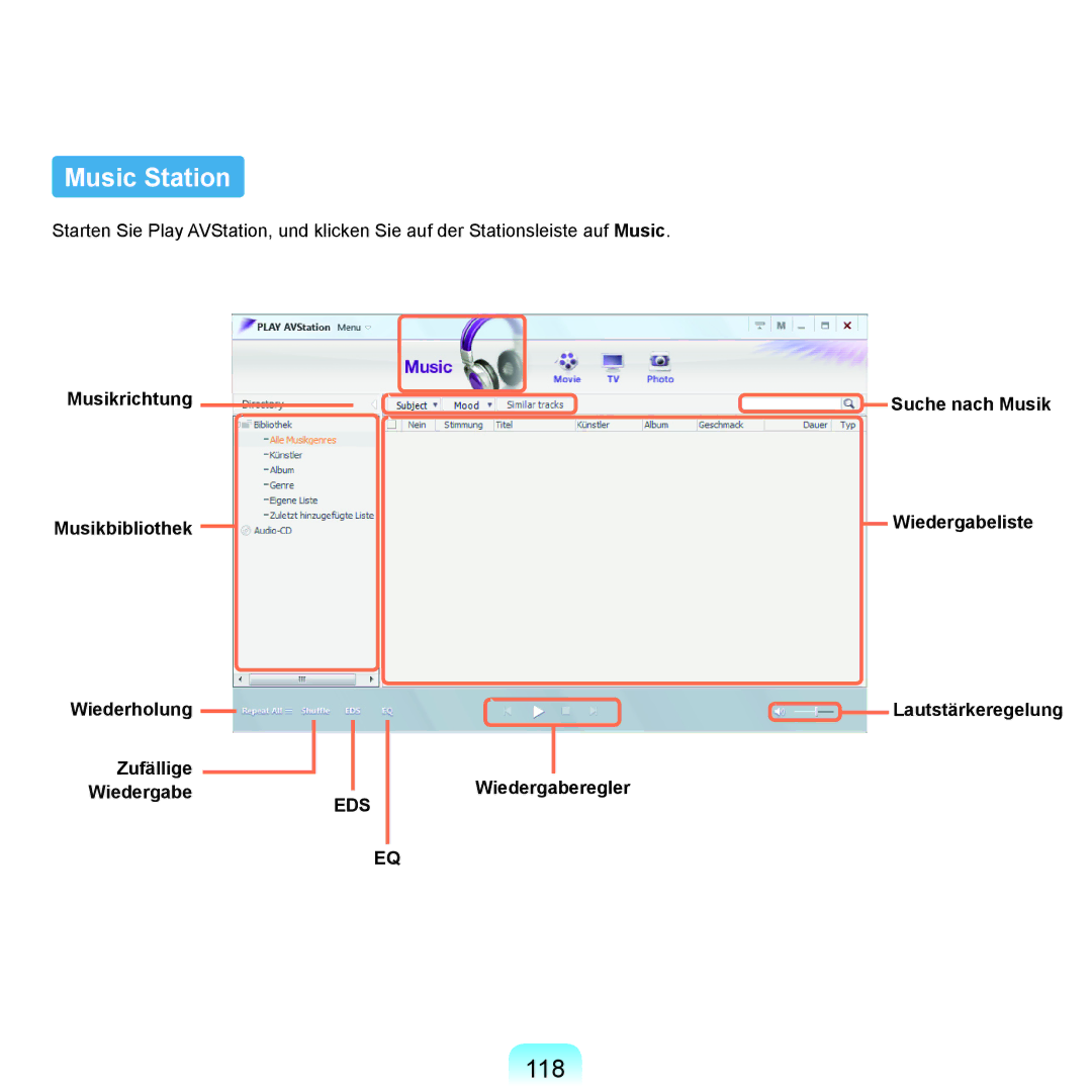 Samsung NP-Q45A007/SEG, NP-Q45F001/SEG, NP-Q45A008/SEG manual Music Station, 118, Musikrichtung Musikbibliothek, Zufällige 