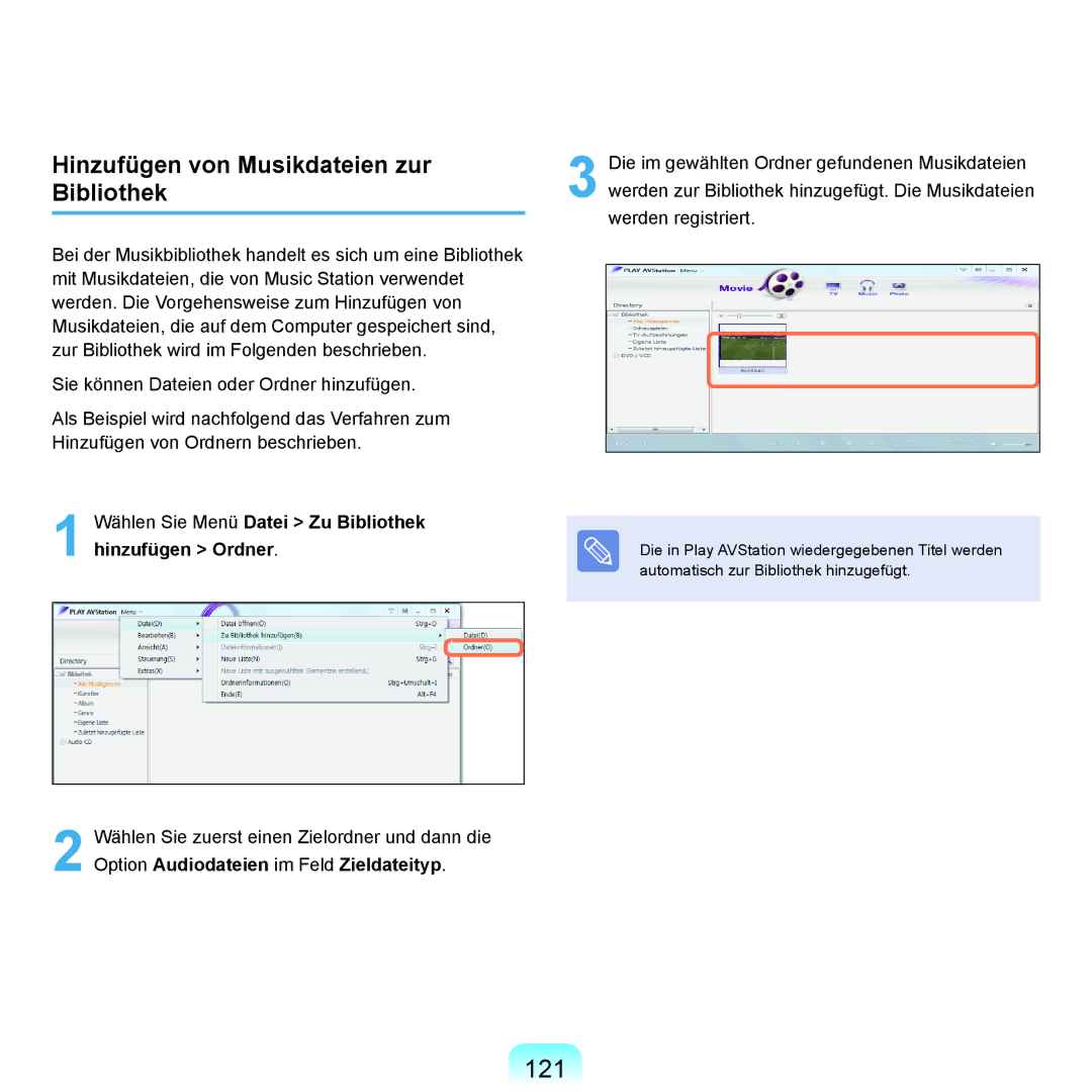 Samsung NP-Q45A00A/SEG, NP-Q45F001/SEG, NP-Q45A008/SEG, NP-Q45A006/SEG manual 121, Hinzufügen von Musikdateien zur Bibliothek 