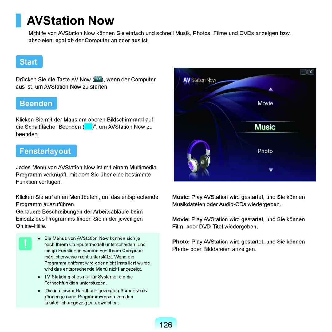 Samsung NP-Q45A008/SEG, NP-Q45F001/SEG, NP-Q45A006/SEG, NP-Q45AV02/SEG AVStation Now, Start, Beenden, Fensterlayout, 126 