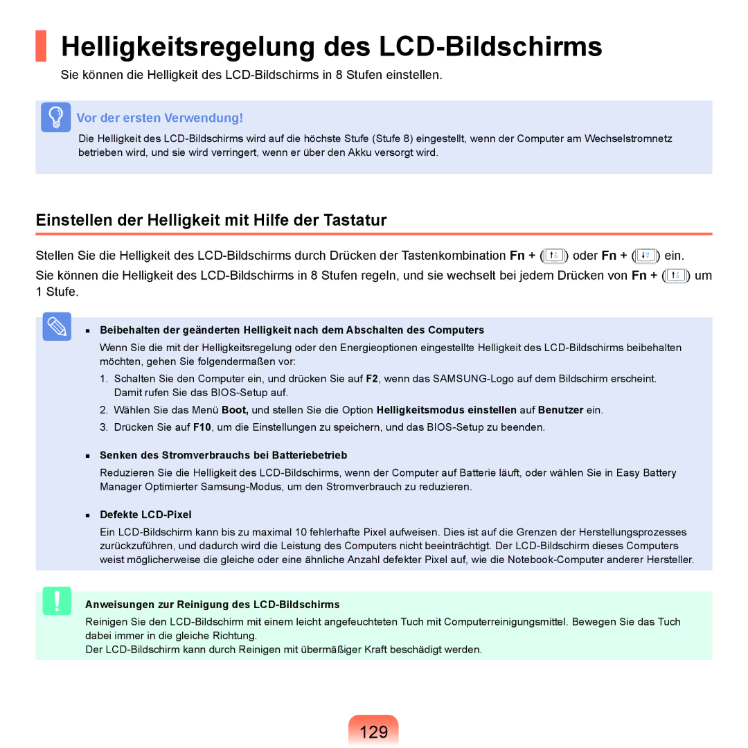 Samsung NP-Q45A009/SEG Helligkeitsregelung des LCD-Bildschirms, 129, Einstellen der Helligkeit mit Hilfe der Tastatur 