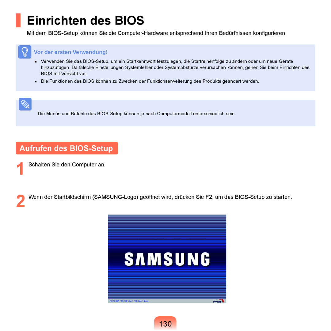 Samsung NP-Q45AV08/SEG, NP-Q45F001/SEG, NP-Q45A008/SEG, NP-Q45A006/SEG Einrichten des Bios, Aufrufen des BIOS-Setup, 130 