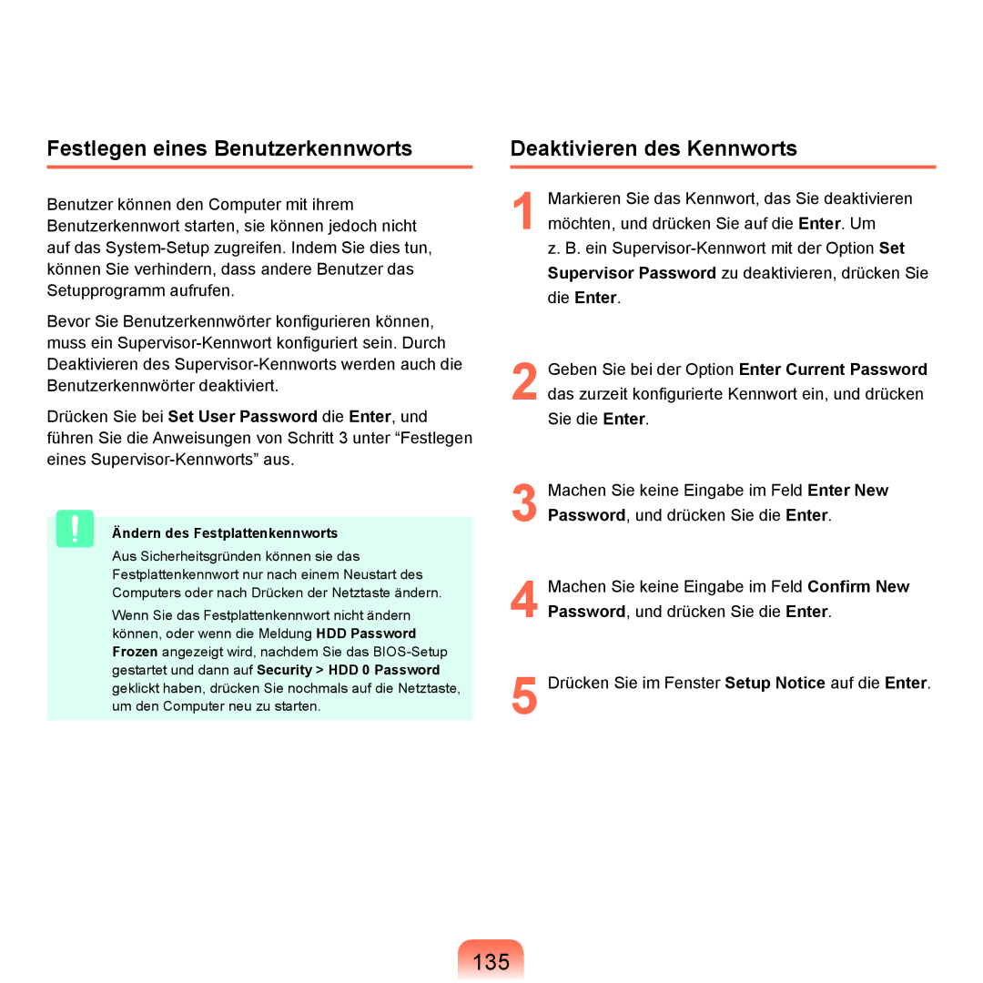 Samsung NP-Q45F000/SEG 135, Festlegen eines Benutzerkennworts, Deaktivieren des Kennworts, Ändern des Festplattenkennworts 