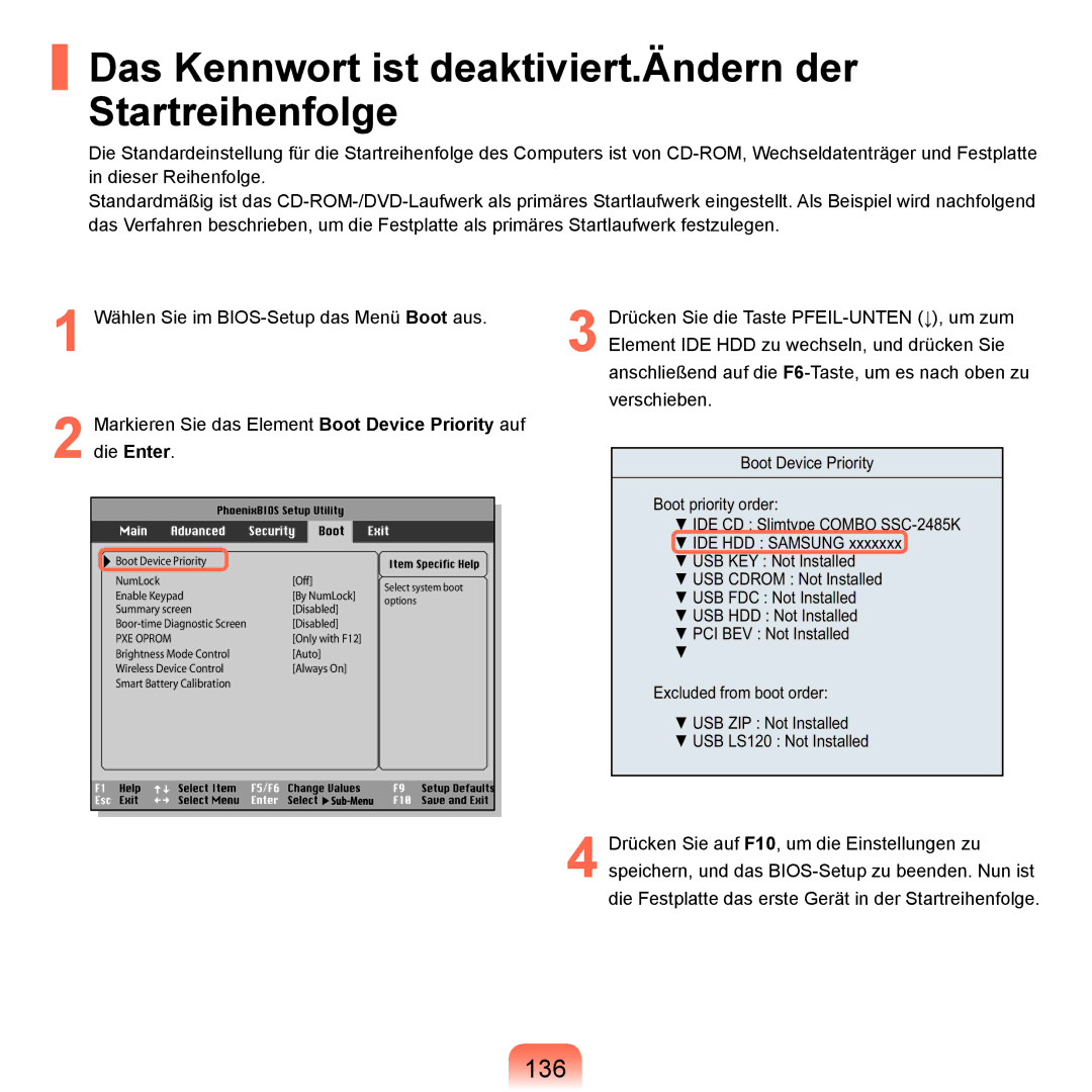 Samsung NP-Q45A005/SEG, NP-Q45F001/SEG, NP-Q45A008/SEG manual Das Kennwort ist deaktiviert.Ändern der Startreihenfolge, 136 