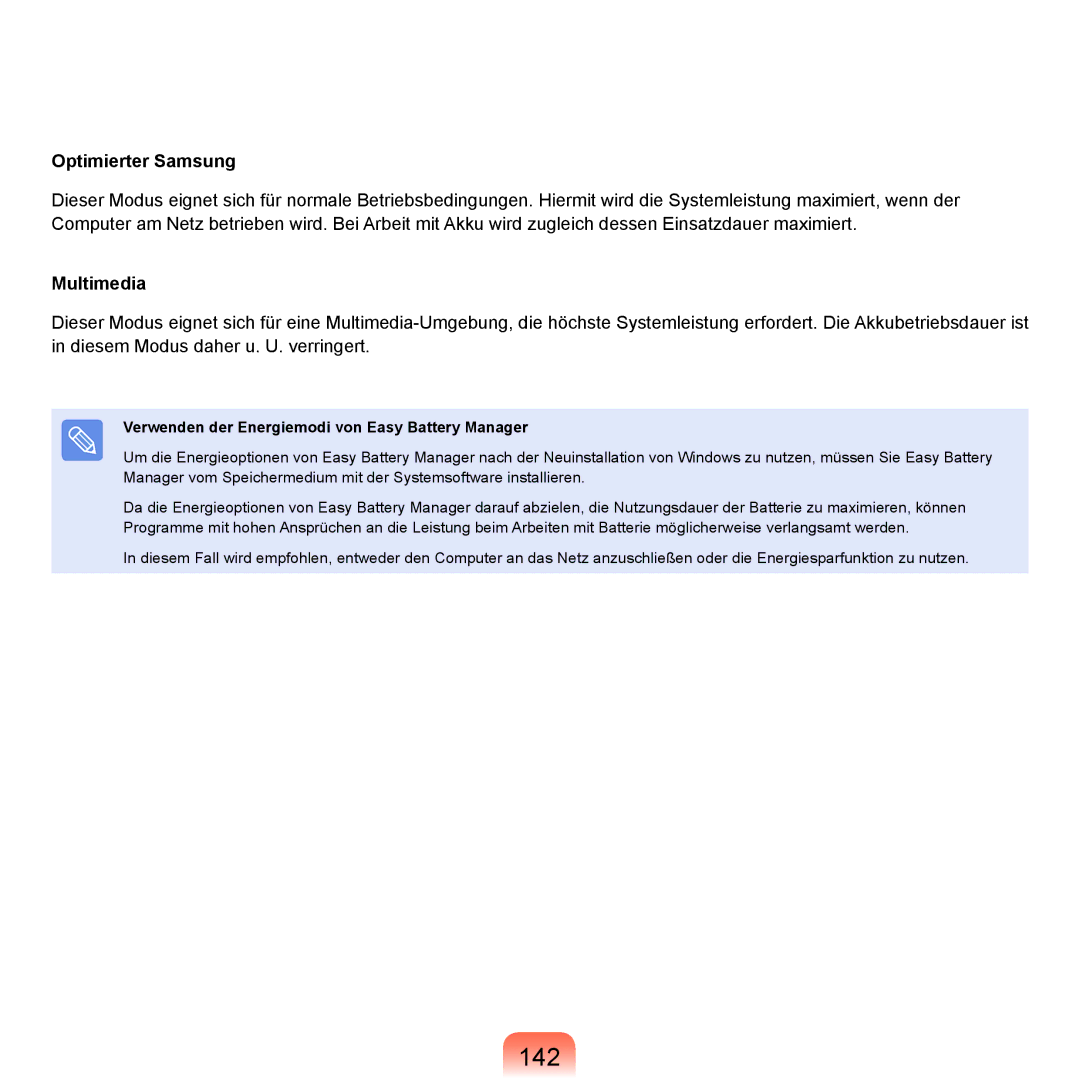 Samsung NP-Q45A00A/SEG, NP-Q45F001/SEG manual 142, Optimierter Samsung, Verwenden der Energiemodi von Easy Battery Manager 