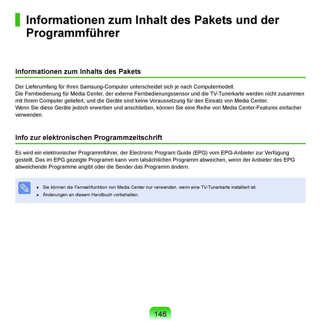 Samsung NP-Q45F001/SEG, NP-Q45A008/SEG, NP-Q45A006/SEG manual Informationen zum Inhalt des Pakets und der Programmführer, 146 