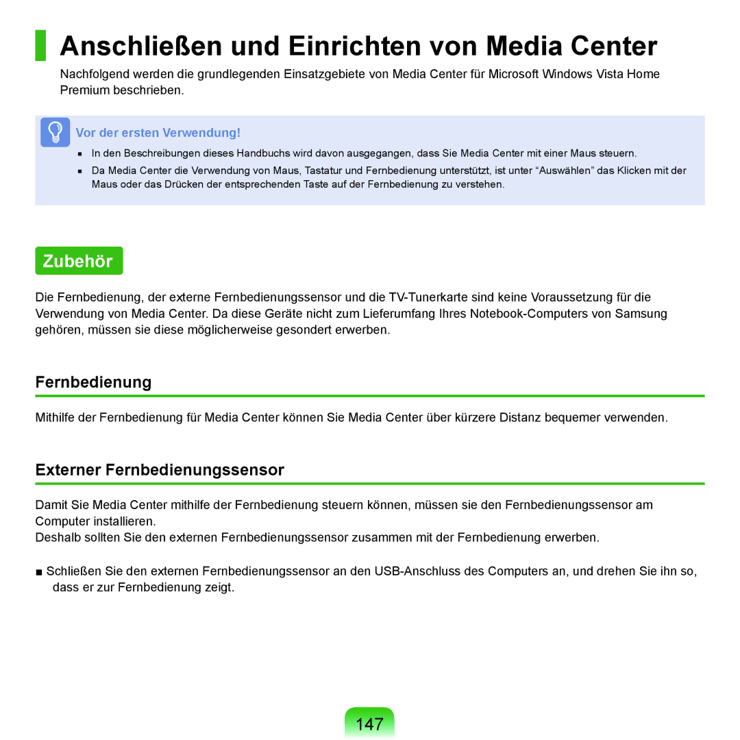 Samsung NP-Q45A008/SEG, NP-Q45F001/SEG manual Anschließen und Einrichten von Media Center, Zubehör, 147, Fernbedienung 