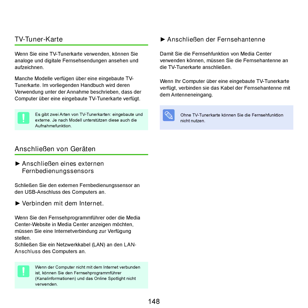 Samsung NP-Q45A006/SEG, NP-Q45F001/SEG, NP-Q45A008/SEG, NP-Q45AV02/SEG manual 148, TV-Tuner-Karte, Anschließen von Geräten 