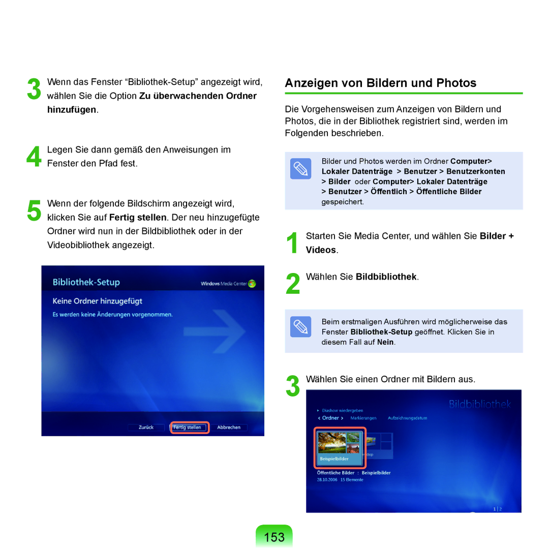 Samsung NP-Q45AV03/SEG, NP-Q45F001/SEG, NP-Q45A008/SEG manual 153, Anzeigen von Bildern und Photos, Wählen Sie Bildbibliothek 