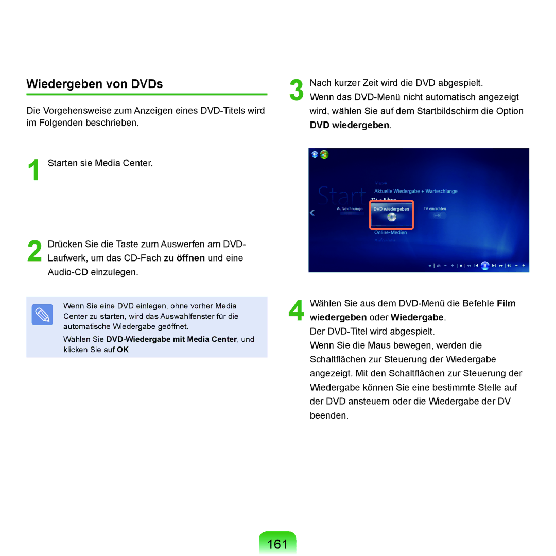 Samsung NP-Q45AV07/SEG, NP-Q45F001/SEG, NP-Q45A008/SEG, NP-Q45A006/SEG, NP-Q45AV02/SEG manual 161, Wiedergeben von DVDs 