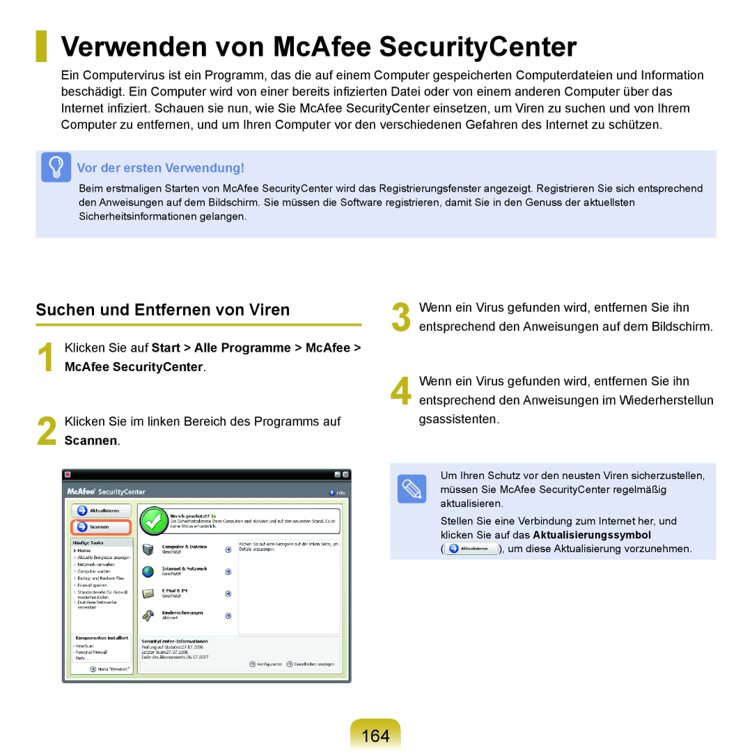 Samsung NP-Q45A004/SEG, NP-Q45F001/SEG manual Verwenden von McAfee SecurityCenter, 164, Suchen und Entfernen von Viren 